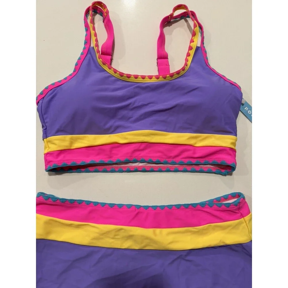 popvil Tummy Control 3 Piece Swimsuit with Skirt High Waisted Bikini Vibrant M